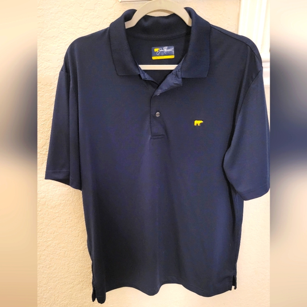 Jack Nicklaus Golf Polo Size Large Mens Shirt Blue Collared Golf POLO YLLW LOGO
